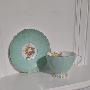 Vintage Foley Hand Painted Flower Footed Cup & Saucer England Turquois